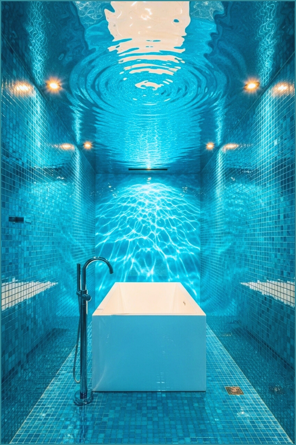 Unique Aqua Bathroom With Shimmering Turquoise Tiles