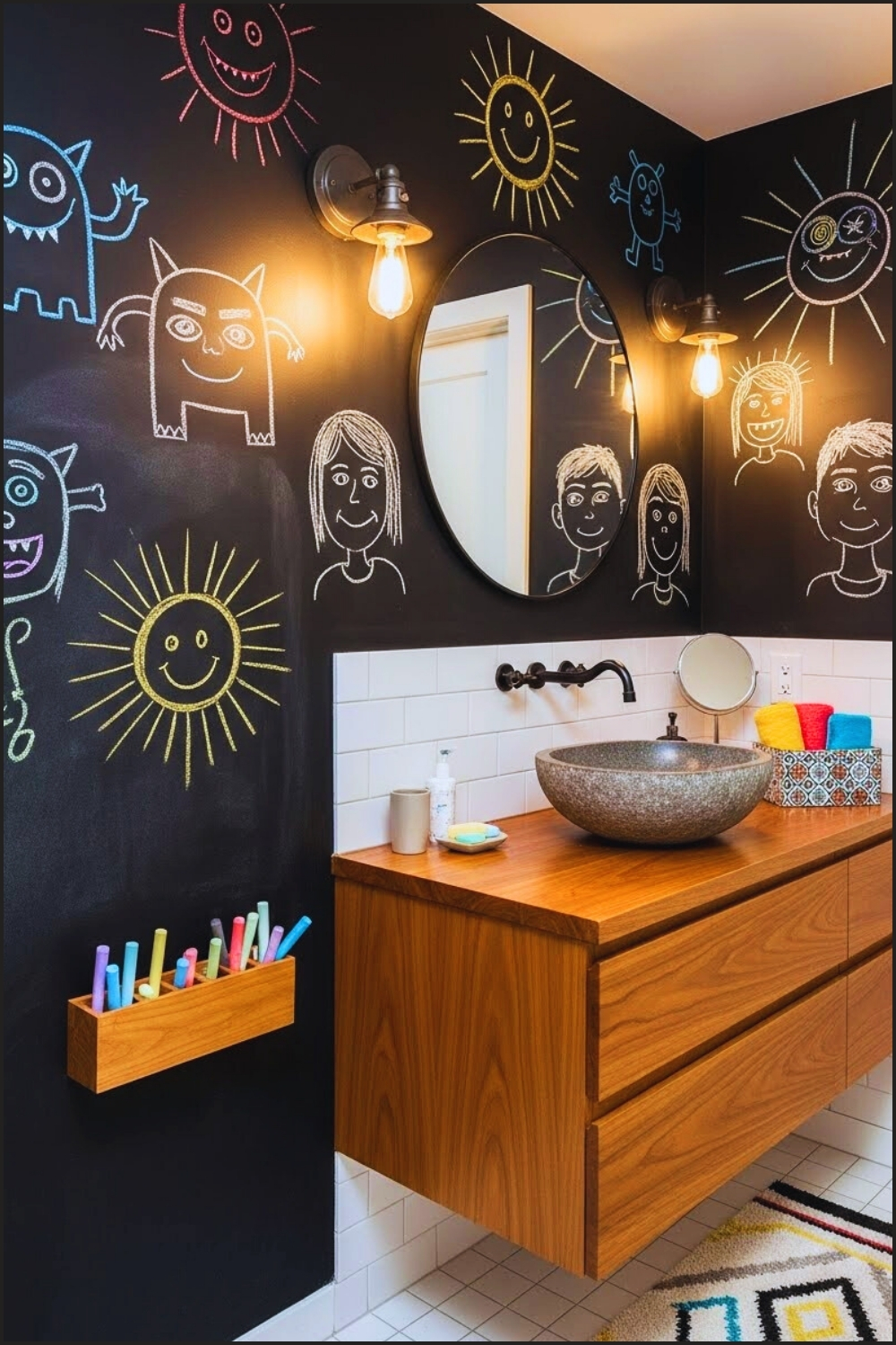 Unique Bathroom With Matte Black Chalkboard Wall Covered