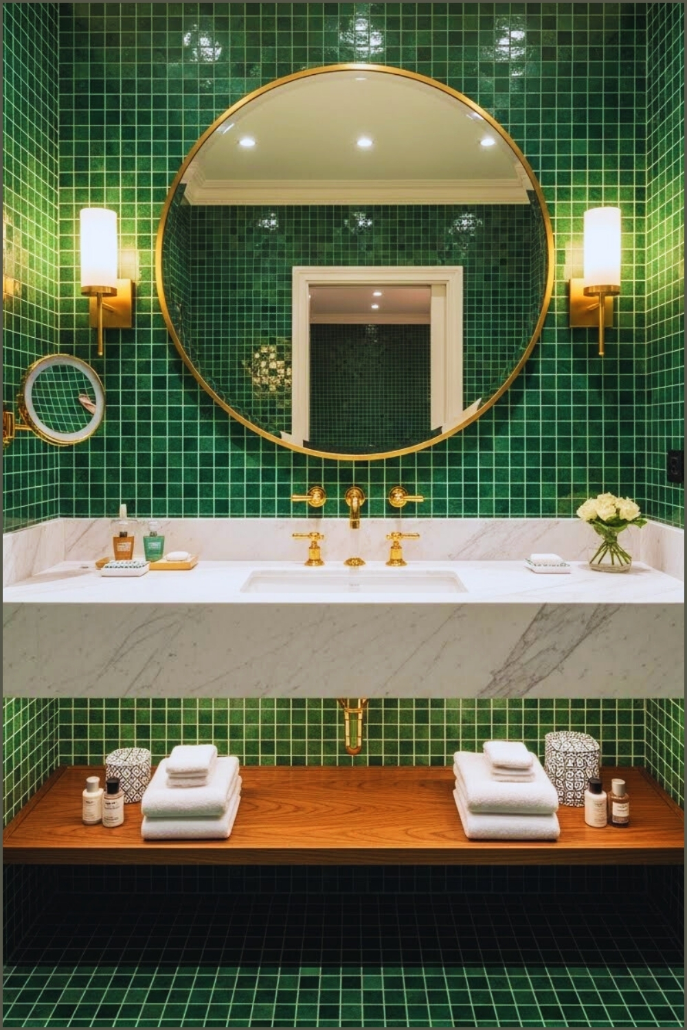 Uxury Bathroom With Emerald Green Mosaic Tiles, Round Gold