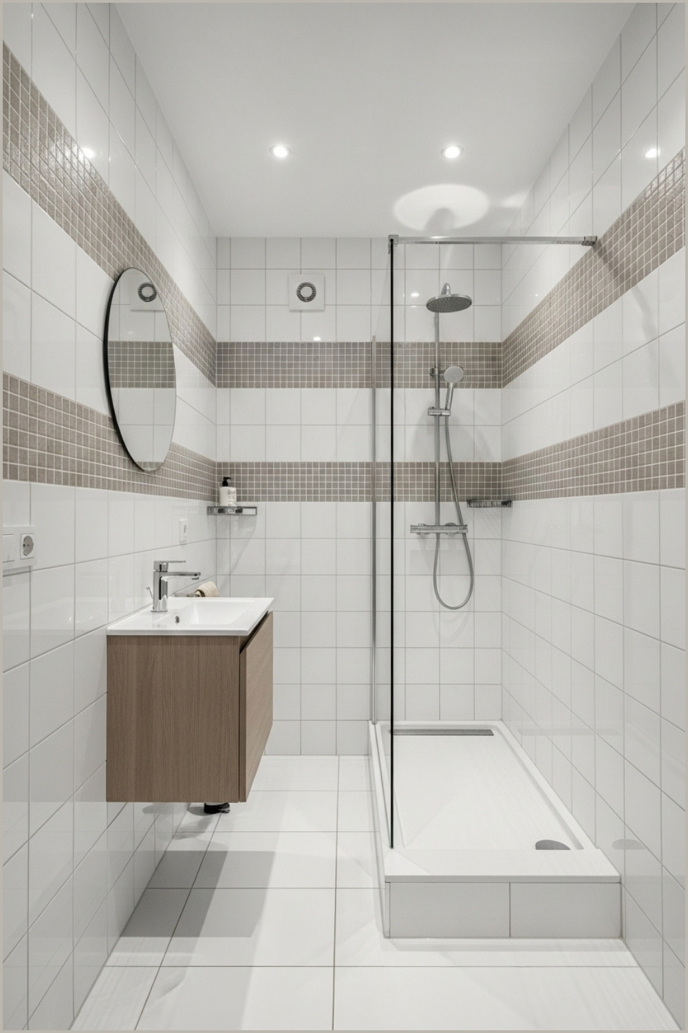 Very Narrow Bathroom, White Square Tiles With Taupe Mosaic Accents