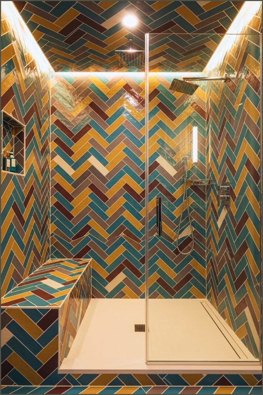 Vibrant Artistic Shower Interior With Multicolor Herringbone Tiles In Teal