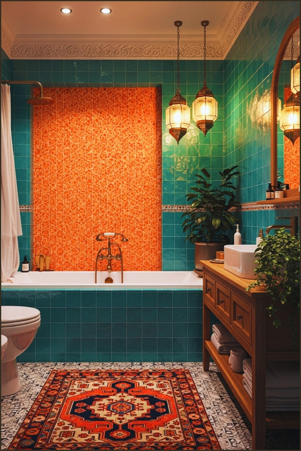 Vibrant Bathroom With Teal Tiles And Orange Patterned Mosaic Wall