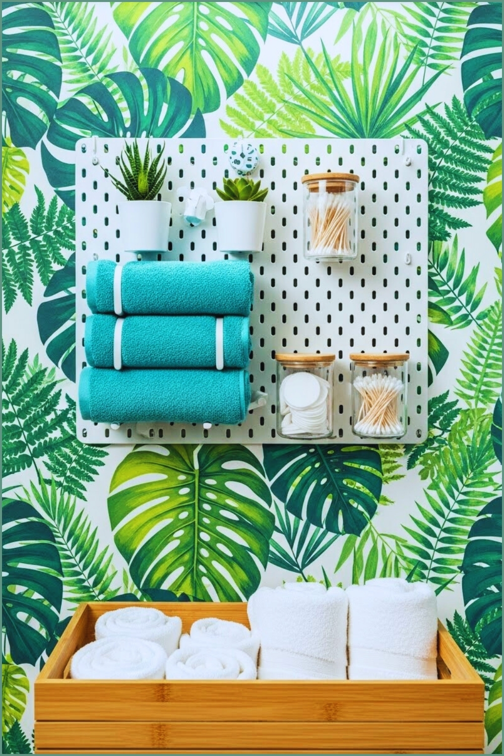 Vibrant Bathroom With Tropical Green Leaf Wallpaper
