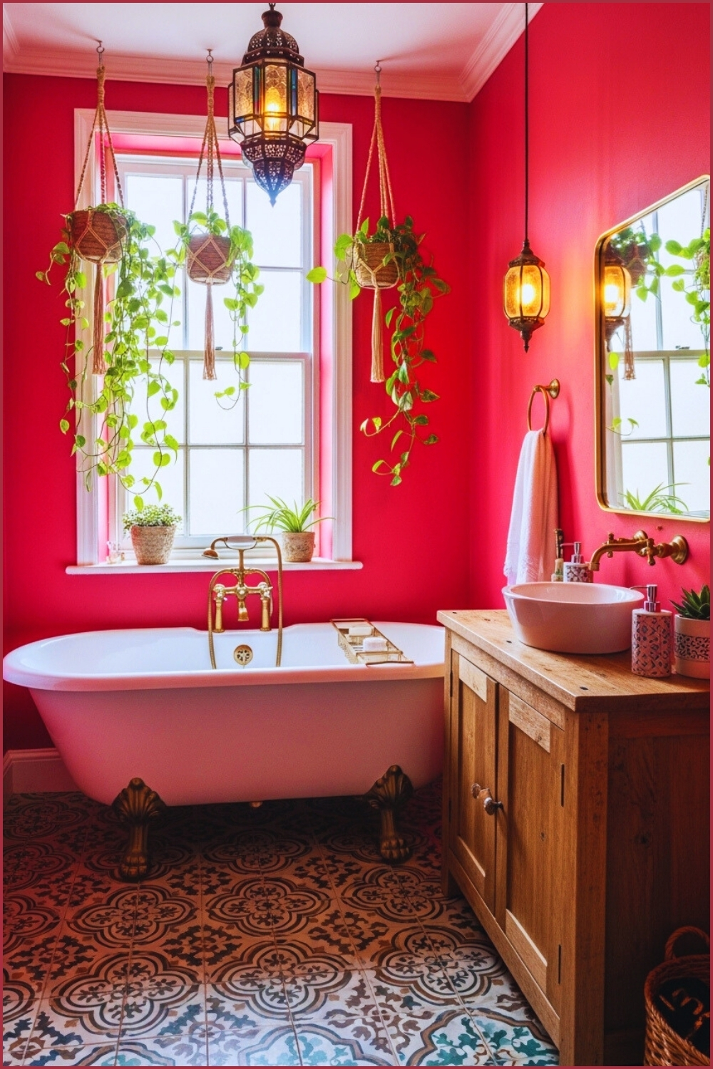 Vibrant Boho Bathroom In Rich Hot-pink Walls, Hanging Woven Baskets