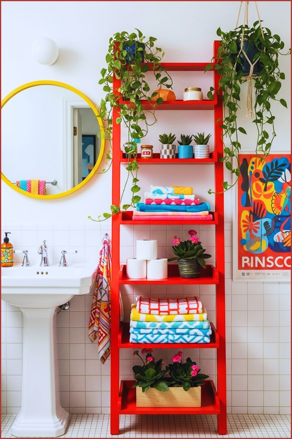 Vibrant Eclectic Bathroom With Bold Red Ladder Shelf, Colorful Towels