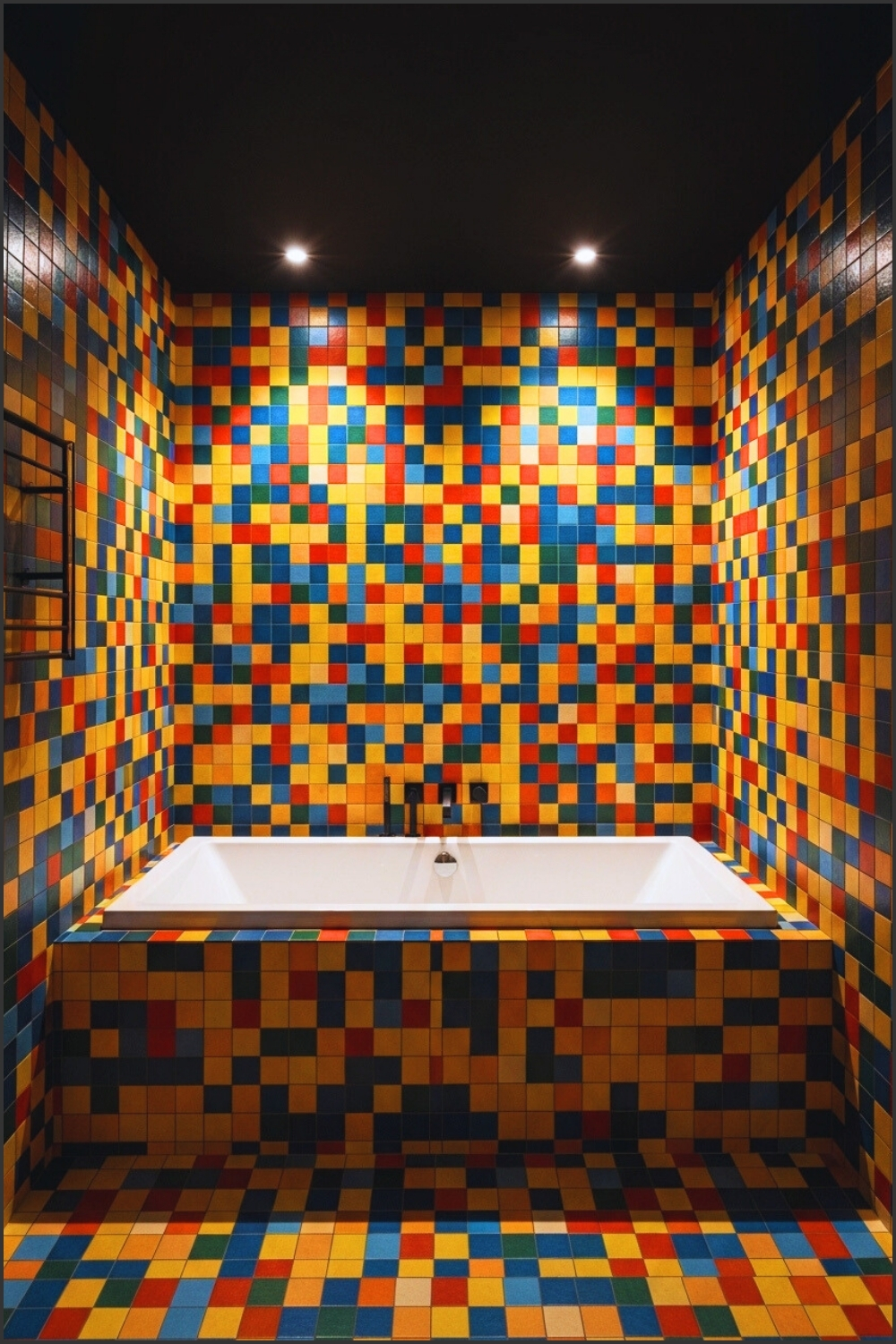 Vibrant Maximalist Bathroom Covered In Colorful Pixel Mosaic Tiles