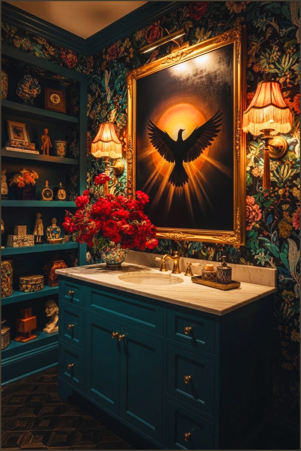 Vibrant Maximalist Powder Room With Bold