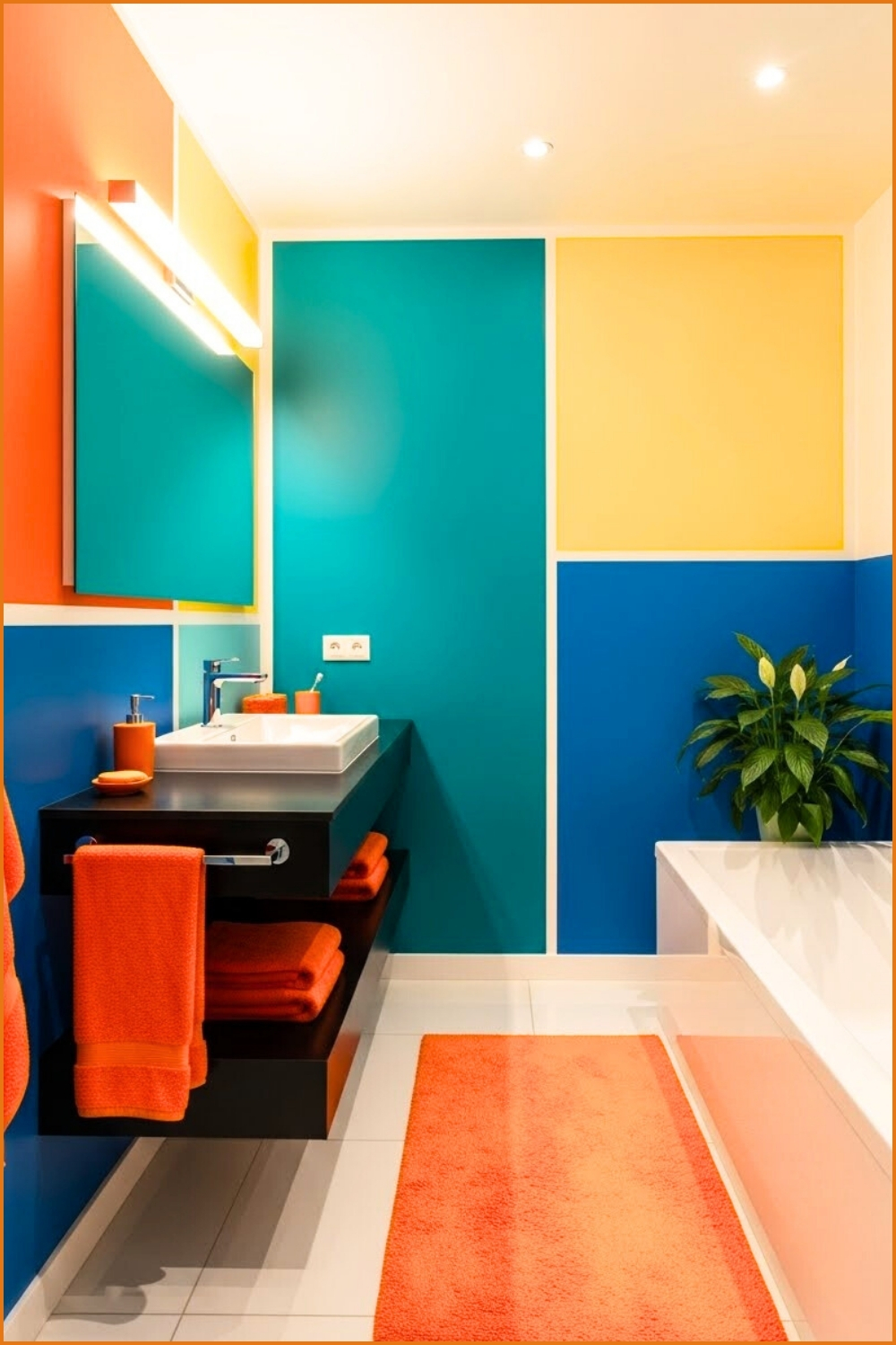 Vibrant Modern Bathroom With Bold Color Blocking In Orange