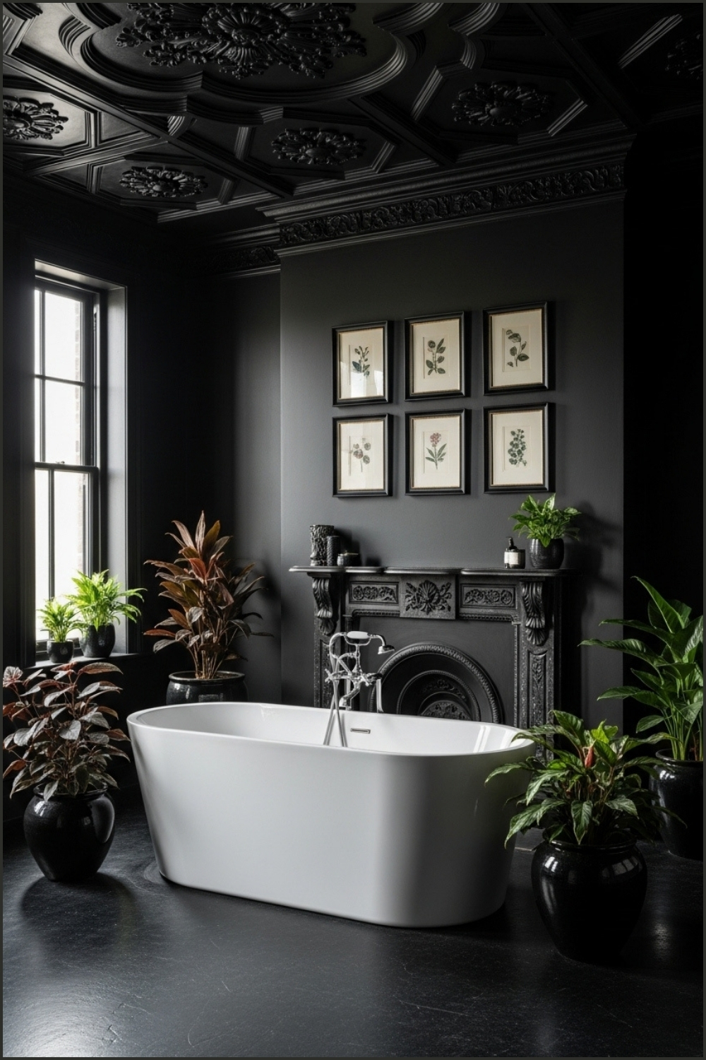 Victorian Gothic Bathroom, Black Walls, Ornate Ceiling Molding