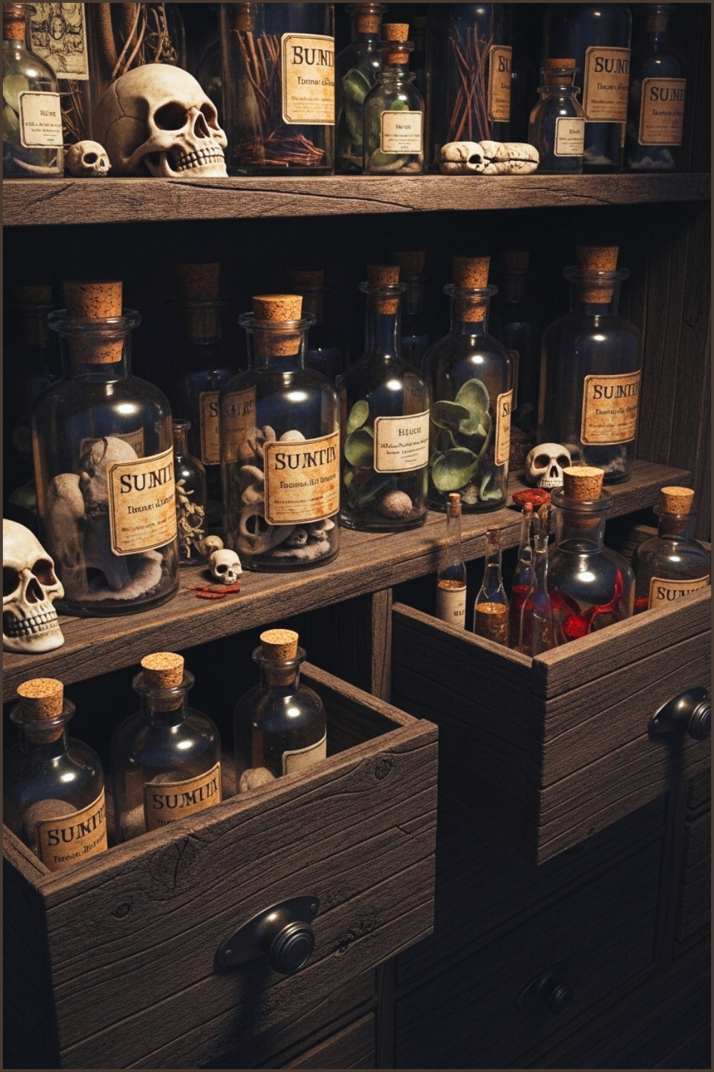 Vintage Apothecary Cabinet Filled With Eerie Antique Glass Bottles