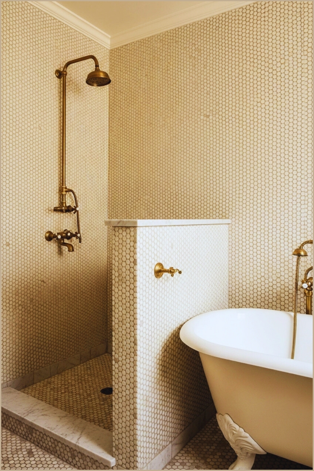 Vintage Bathroom Fully Clad In Beige Penny Tiles