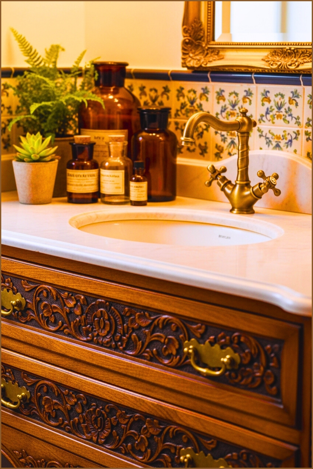 Vintage Bathroom Vanity Close Up With Ornate Carved Wooden Drawers