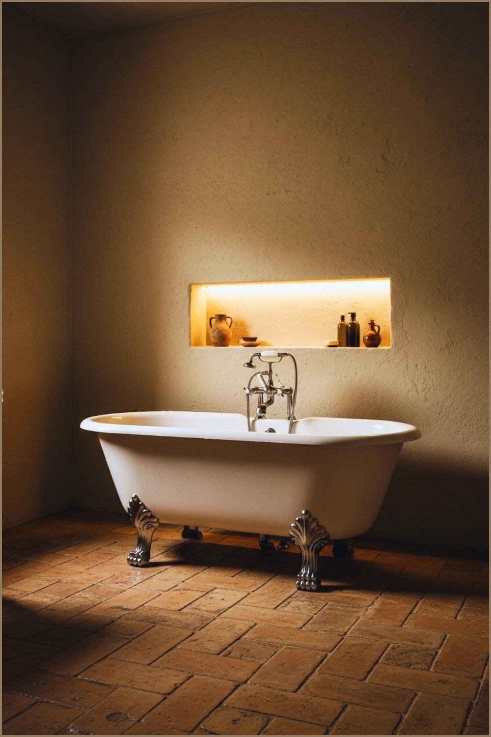 Vintage Bathroom With Terracotta Tiles, Classic Clawfoot Bathtub