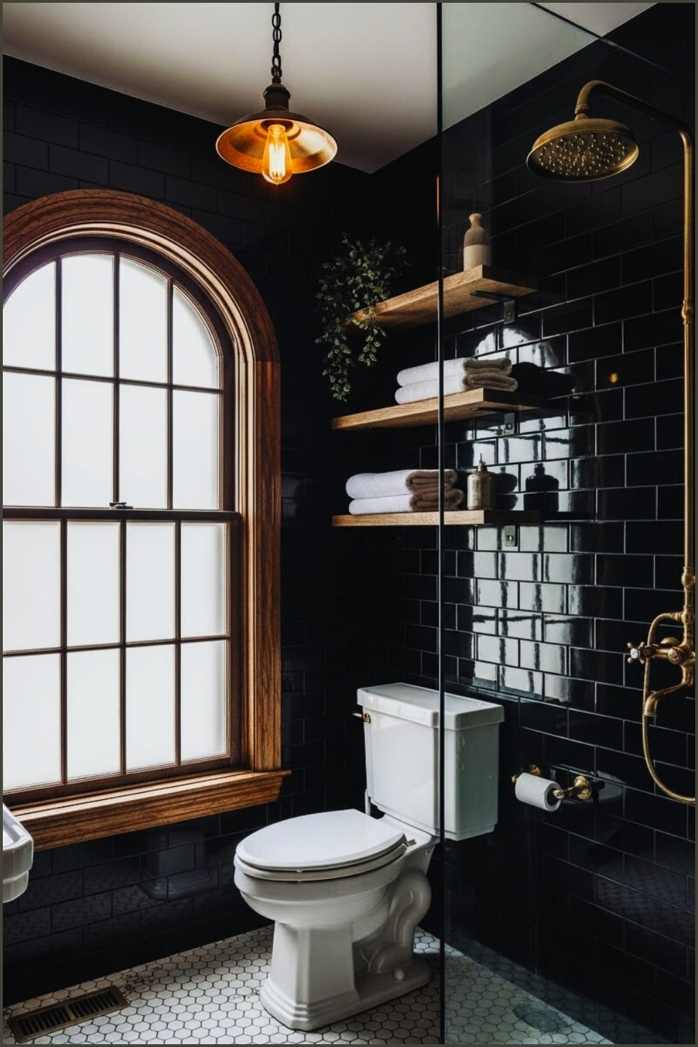 Vintage Black Bathroom With Dark Subway Tiles