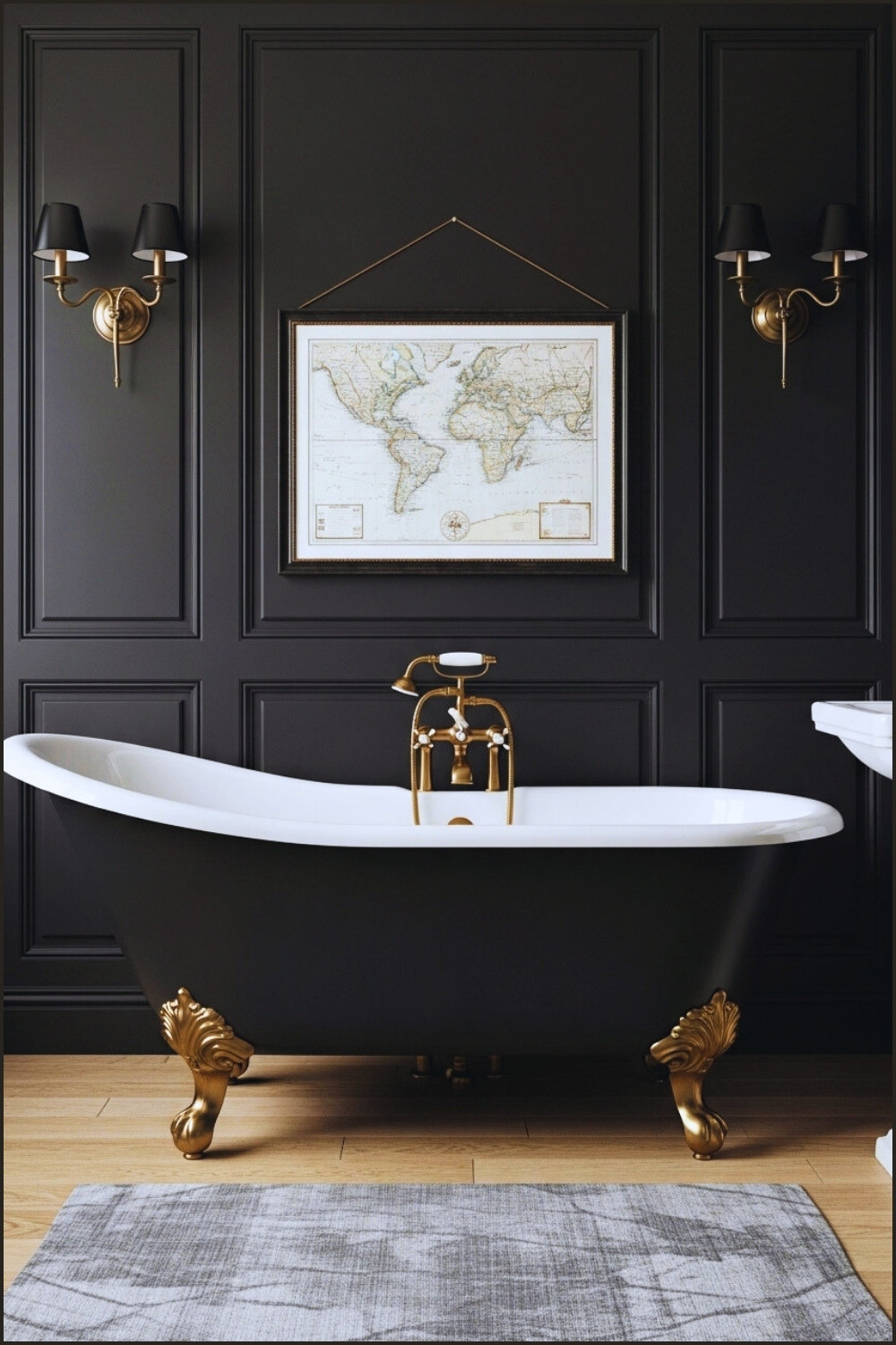 Vintage Black Bathroom With Panelled Charcoal Walls