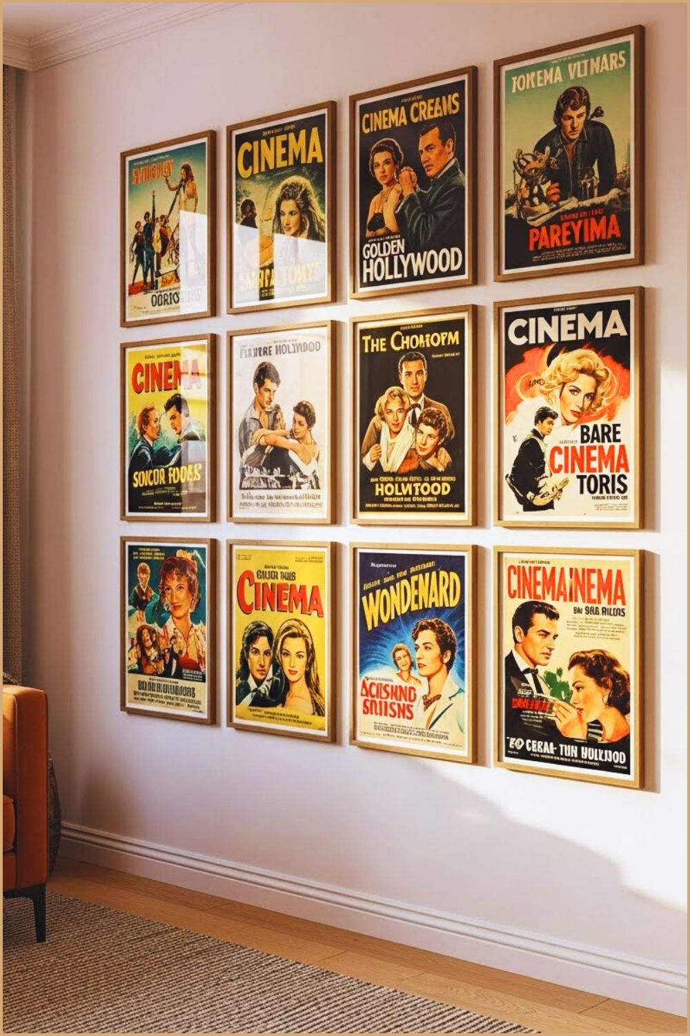 Vintage Cinema Poster Gallery Wall With Rustic Wooden
