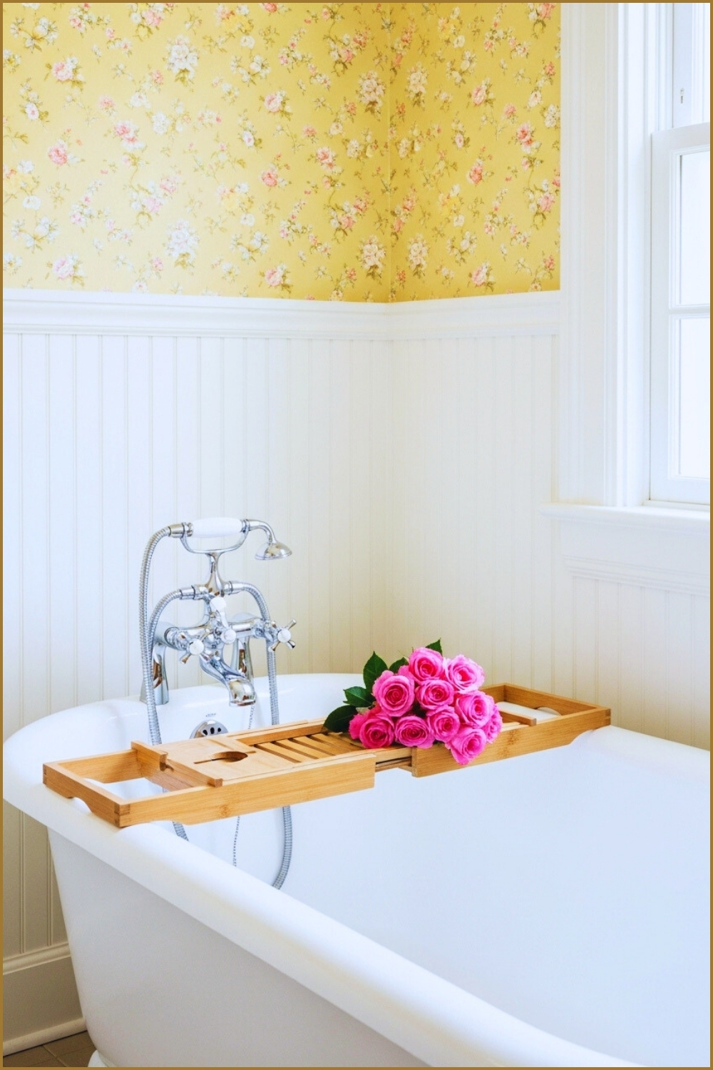 Vintage Cottage Bathroom With Soft Yellow Floral Wallpaper