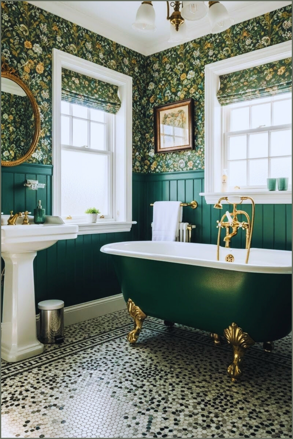 Vintage Floral Bathroom With Emerald Green Clawfoot Tub