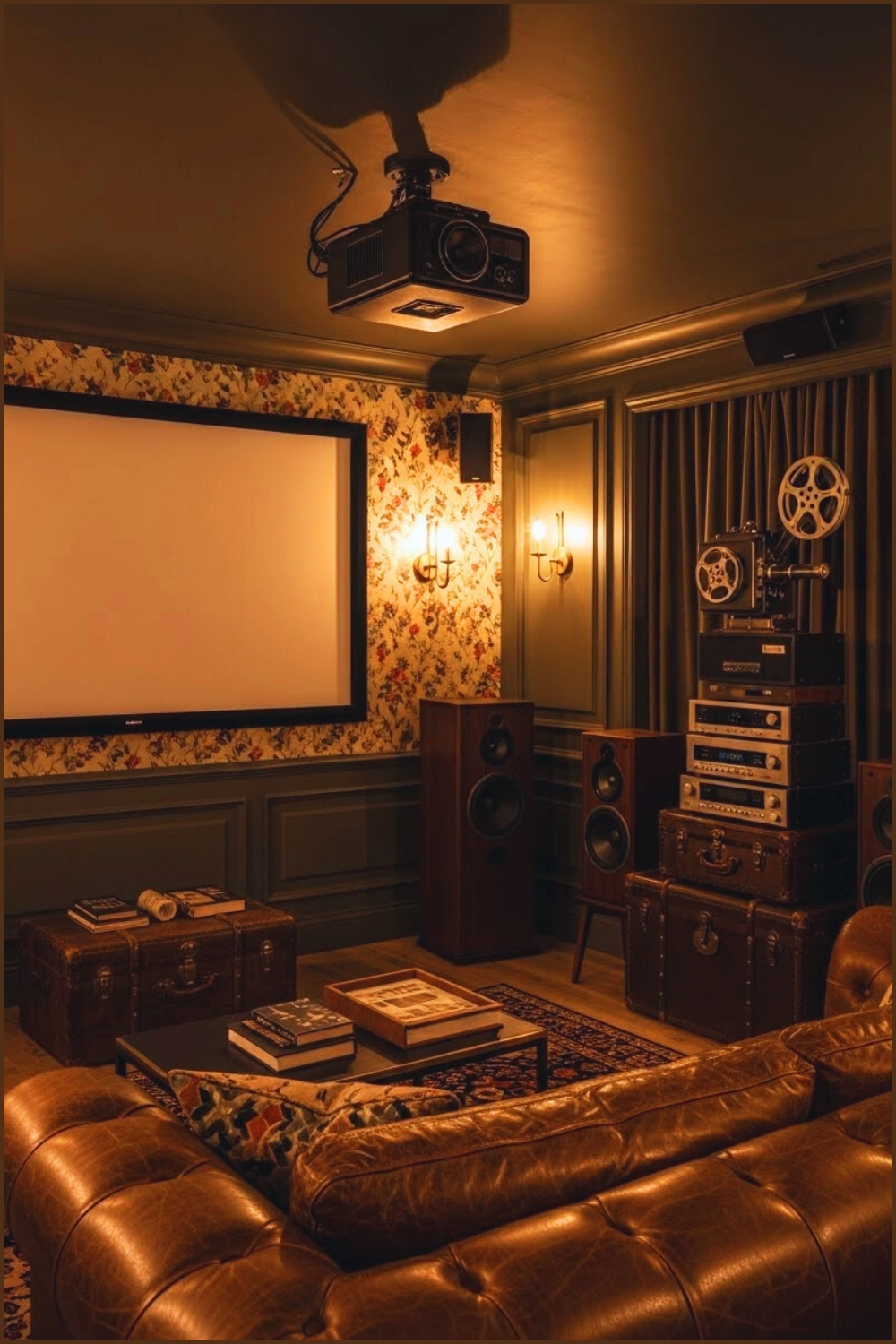 Vintage Luxury Home Theater Room Dark Moody Interior