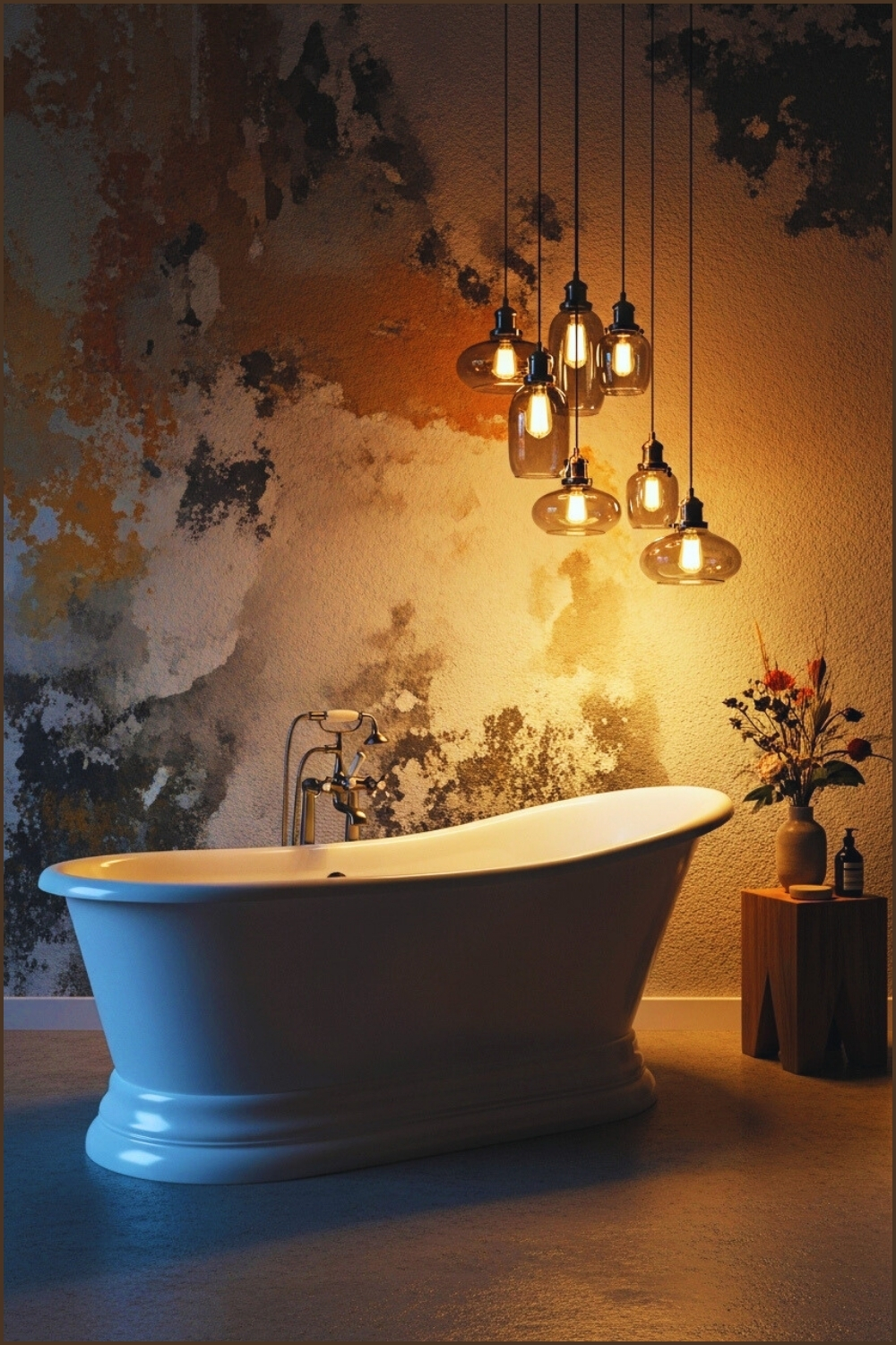 Vintage Modern Bathroom, White Clawfoot Tub On Concrete Floor