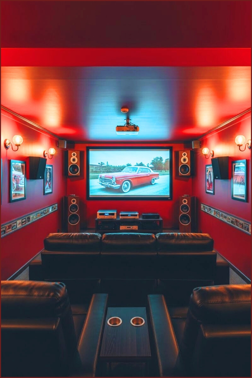 Vintage Retro Home Theater Room Deep Red Accent Walls