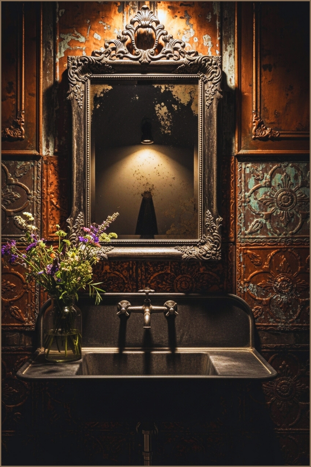 Vintage Rustic Bathroom, Dark Metal Sink, Ornate Antique Mirror