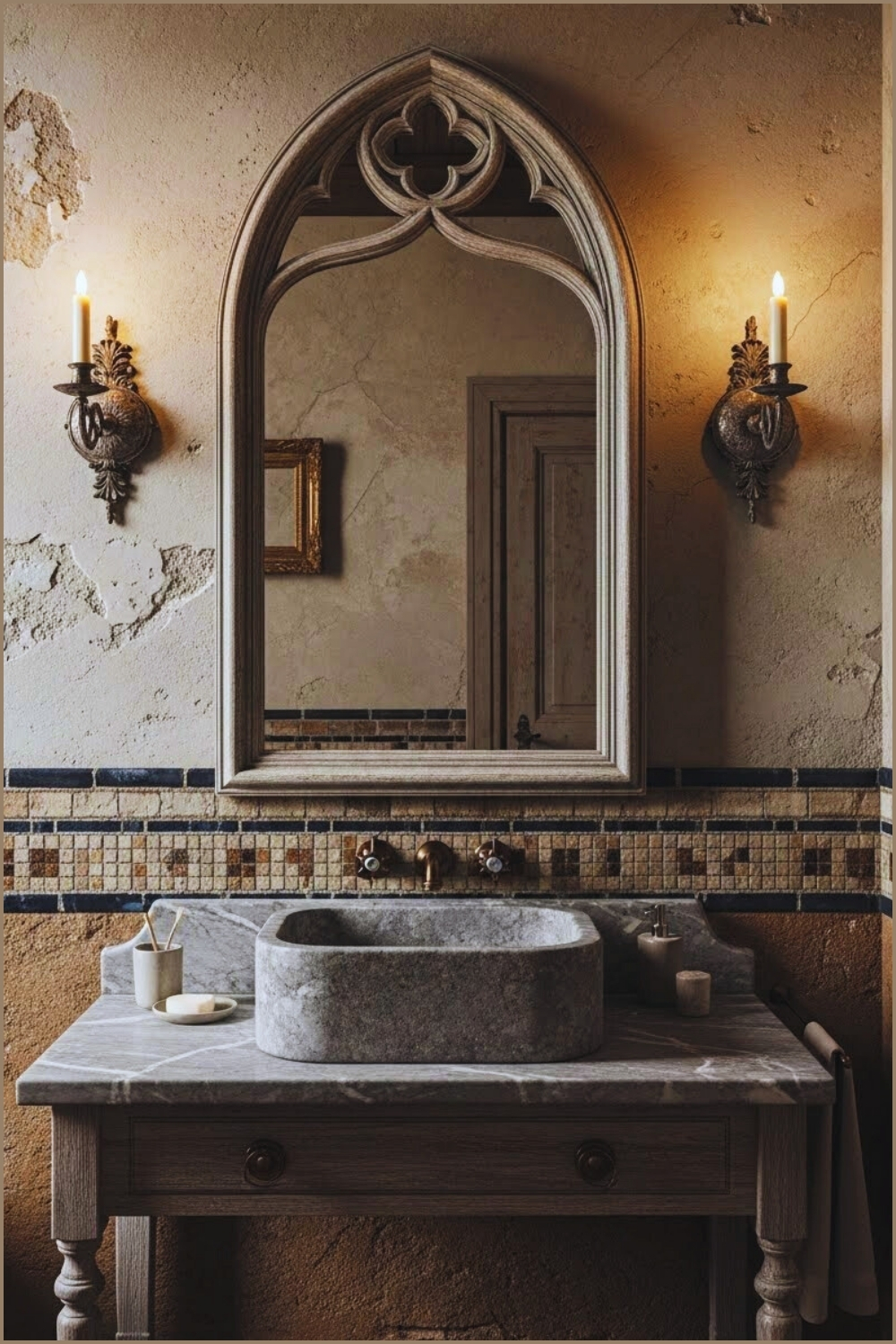 Vintage Rustic Bathroom With An Aged Stone Sink