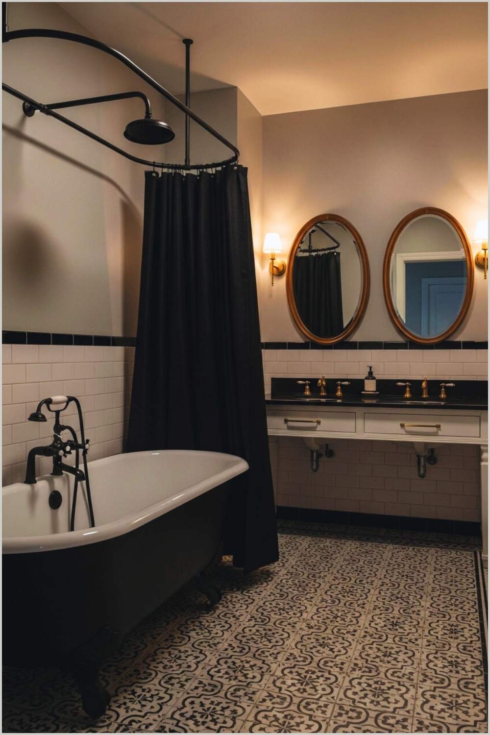 Vintage-meets-modern Bathroom Featuring Black Clawfoot Bathtub