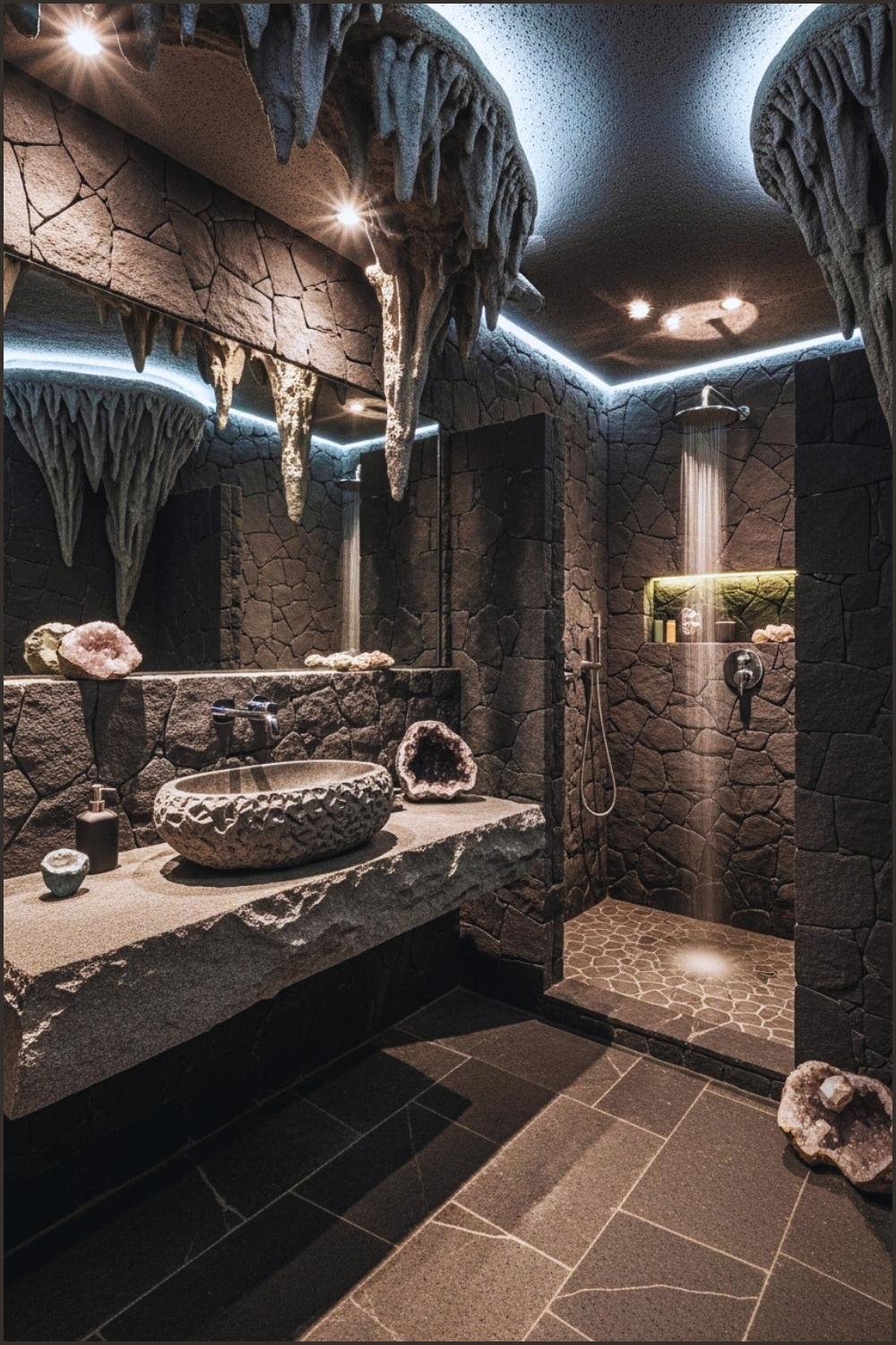 Volcanic Stone Bathroom Interior, Dark Gray Rock Textures