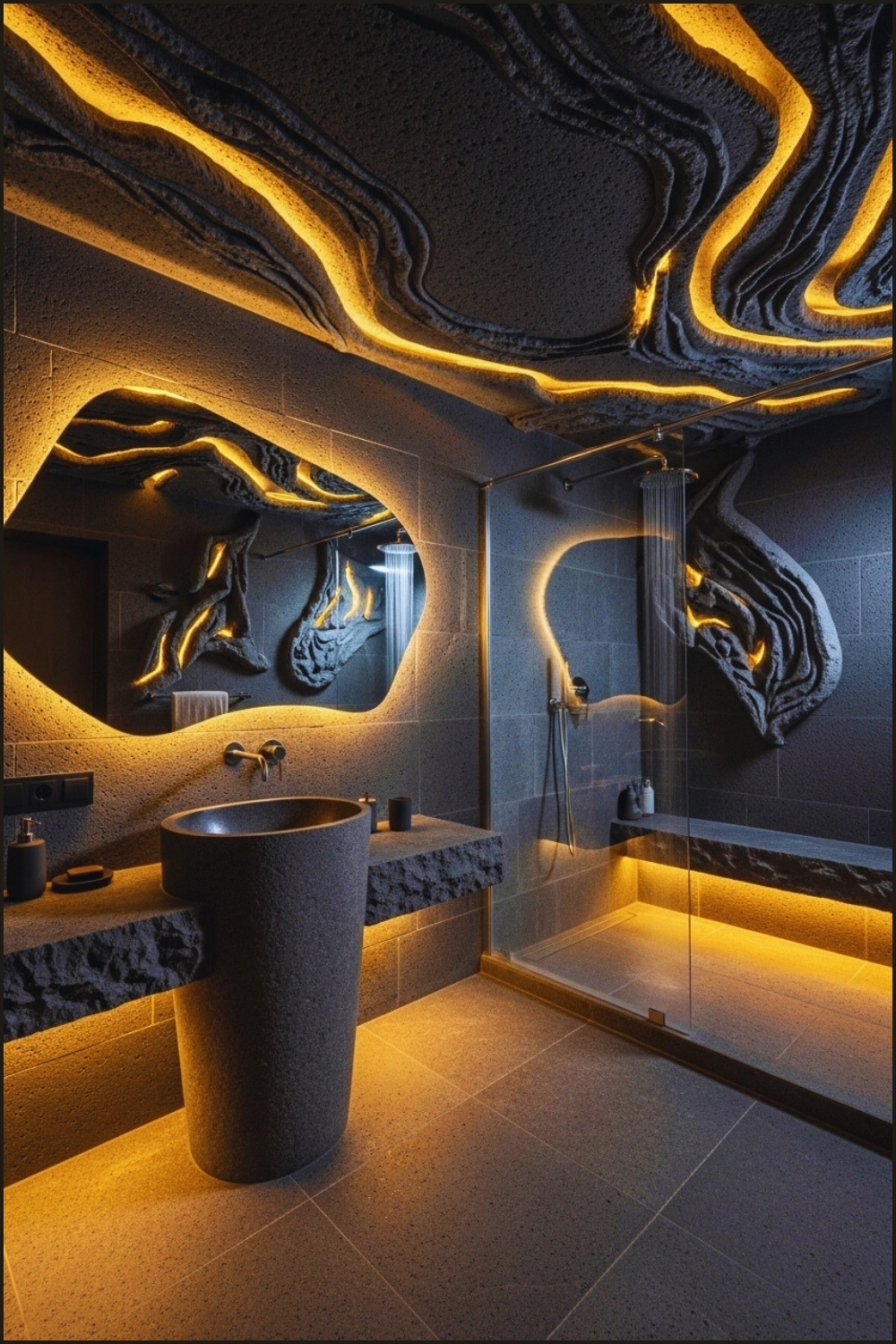 Volcanic Stone Bathroom Interior, Dark Gray Rock Textures