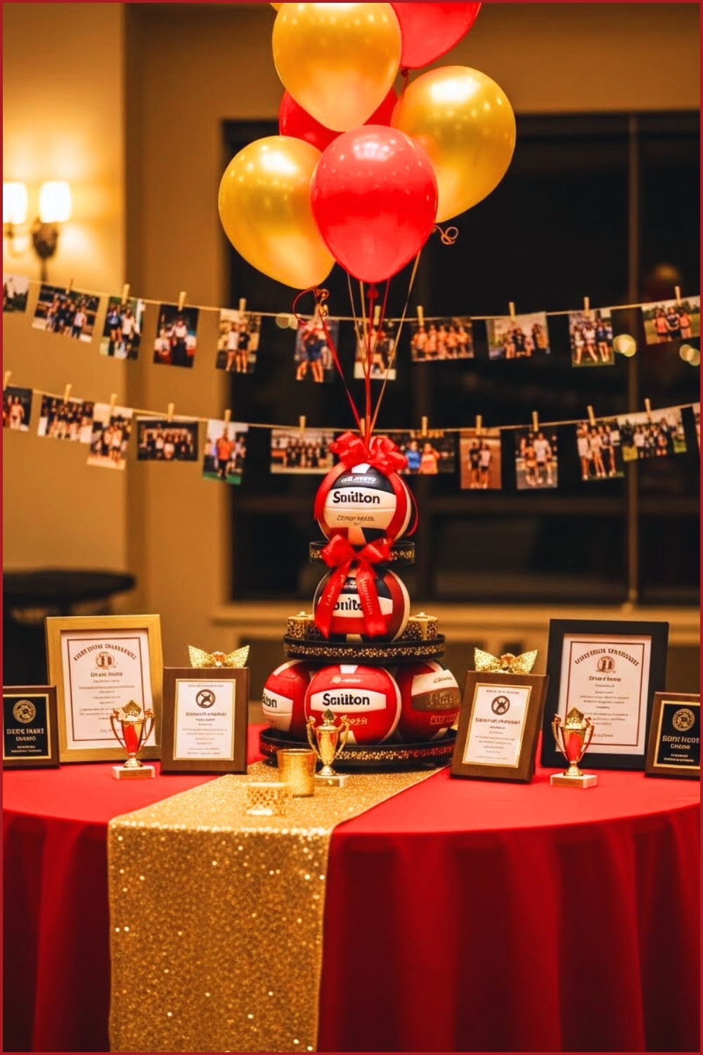 Volleyball Senior Night Table Decorated With Red And Gold Accents