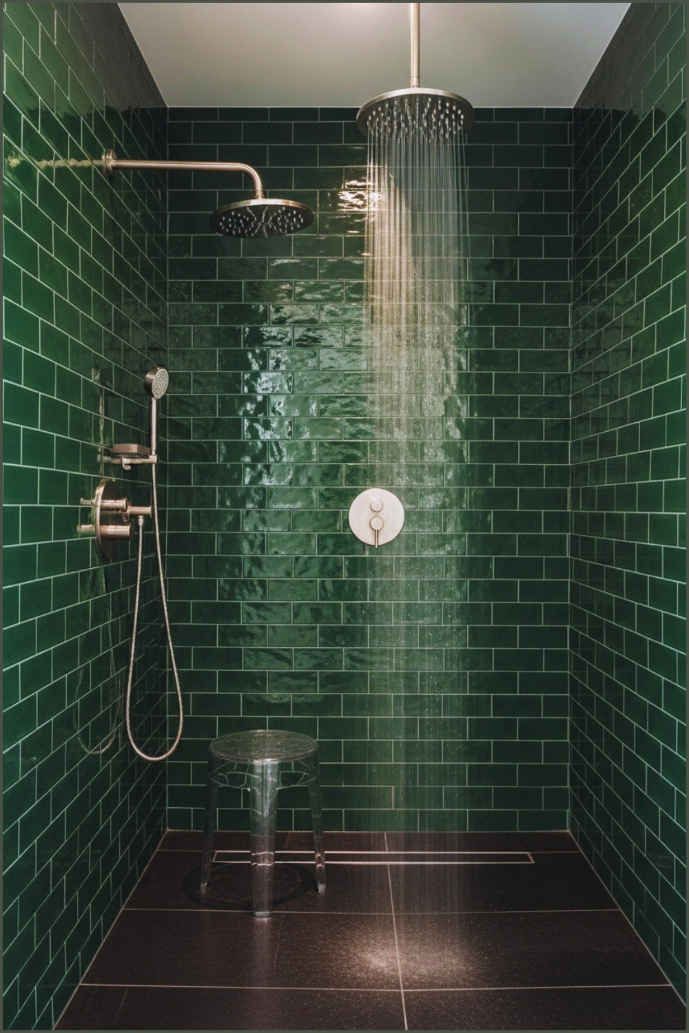 Walk-in Shower With Deep Green Subway Tiles, Modern Overhead