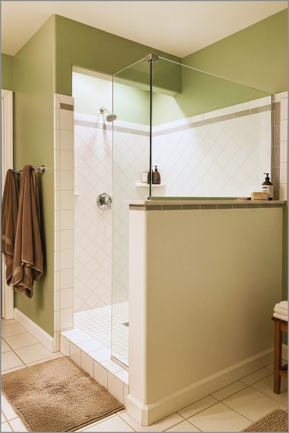 Warm Bathroom With White Half Wall Shower, Diamond Tile Pattern