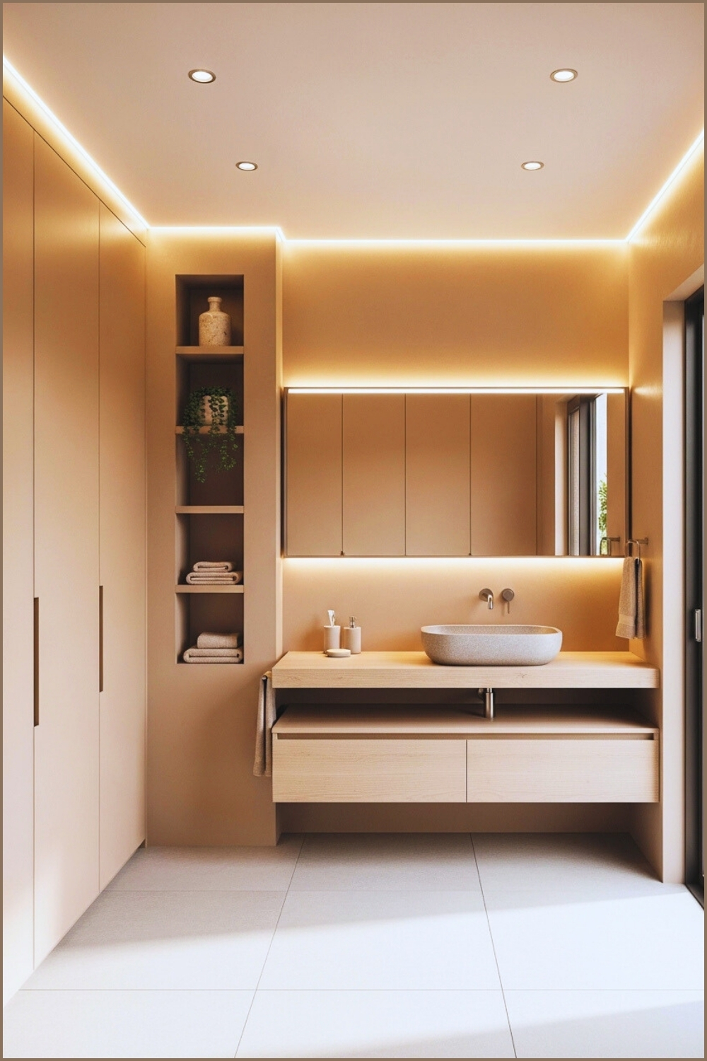 Warm Beige Modern Bathroom With Built-in Wall Shelving