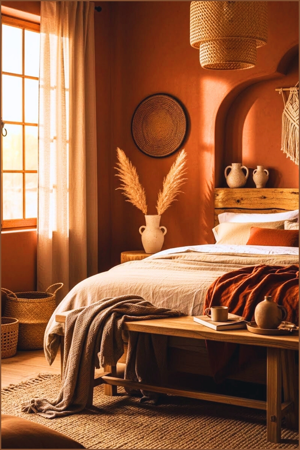 Warm Bohemian Bedroom Interior Rich Terracotta Plaster