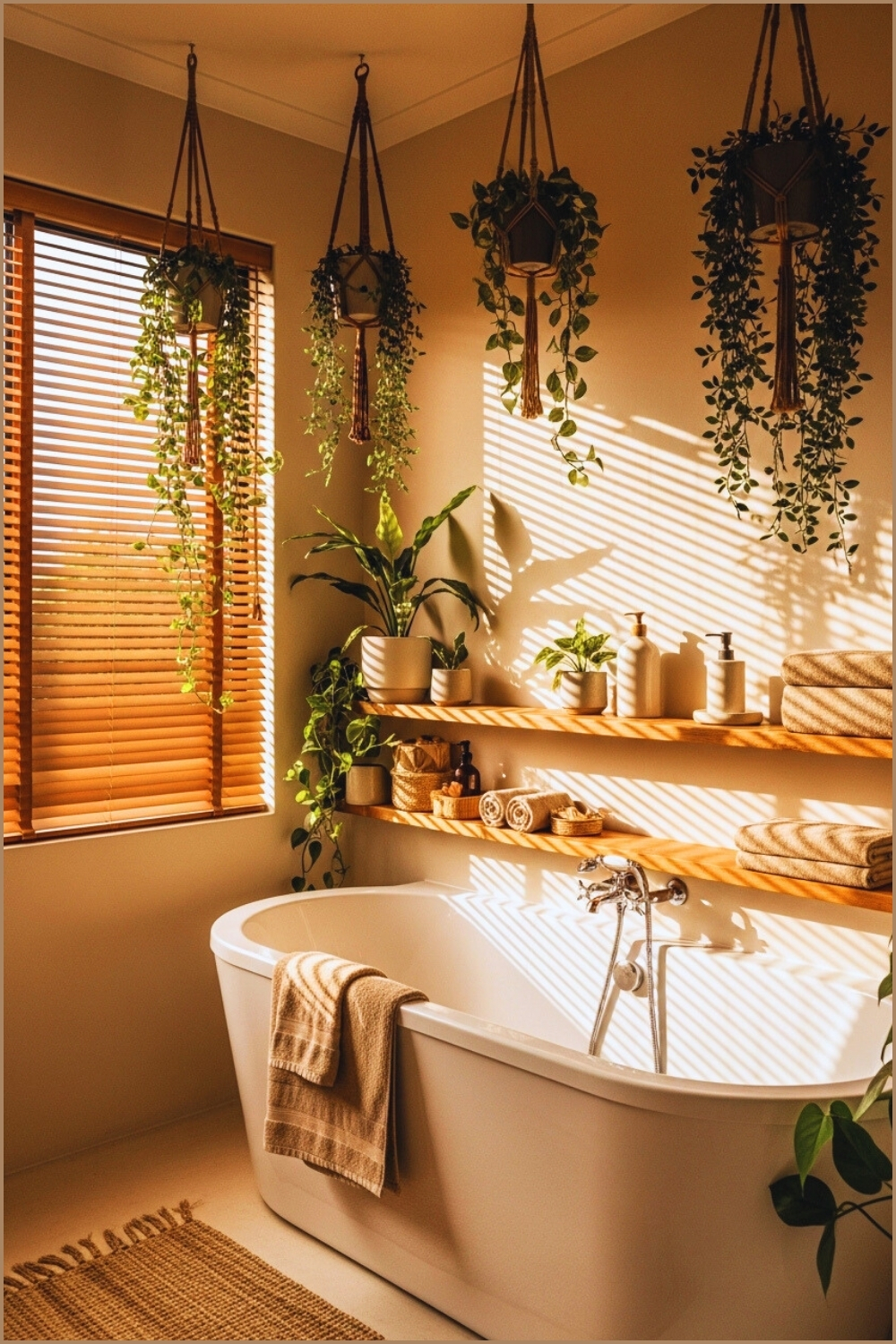 Warm Boho Bathroom Filled With Hanging Plants, Trailing Vines