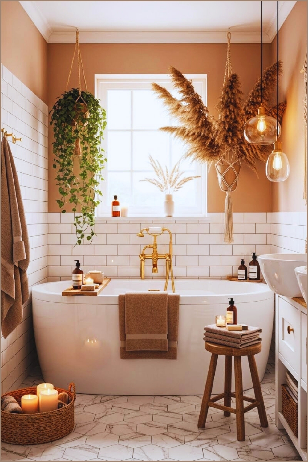 Warm Boho Bathroom With White Subway Tile Walls