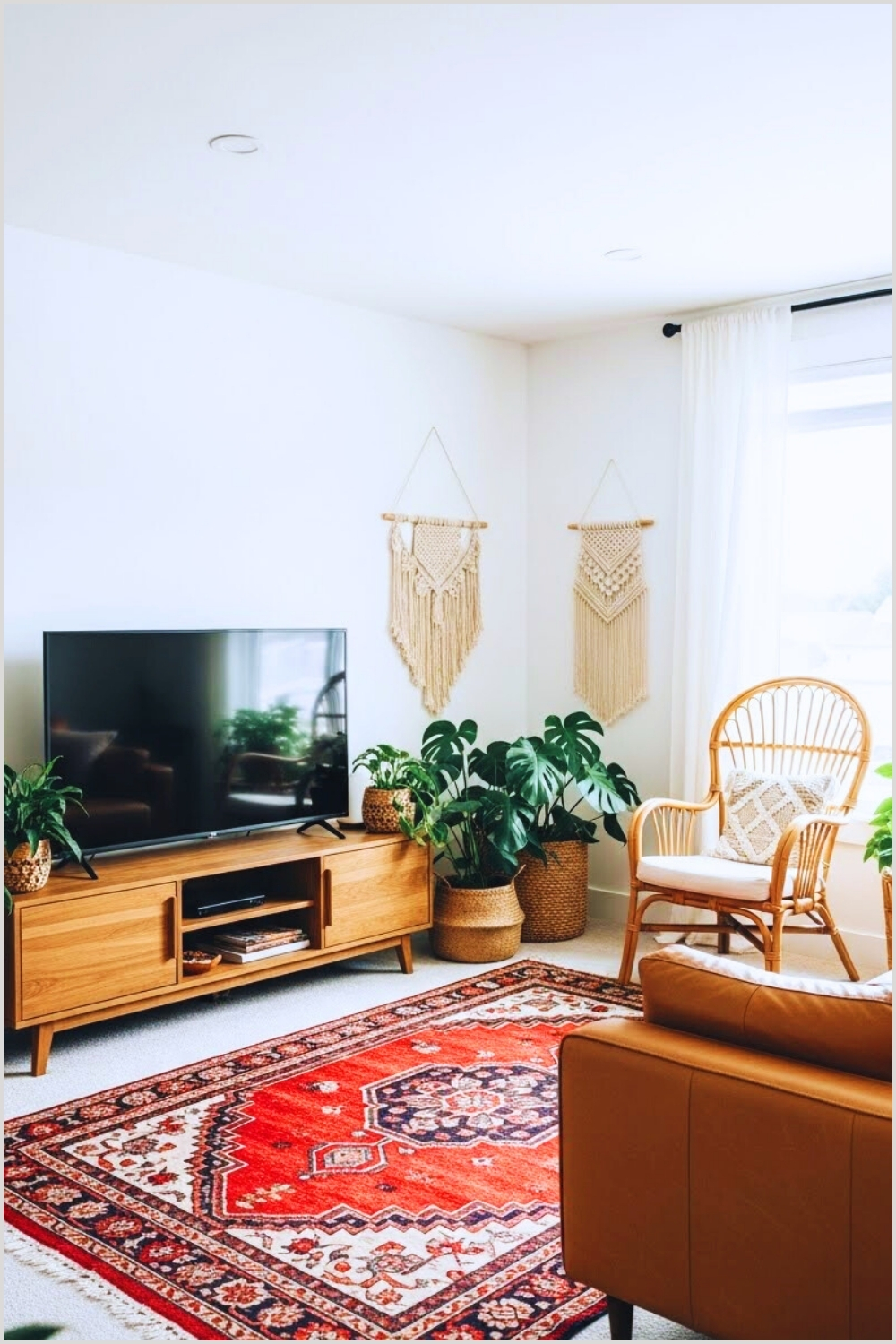 Warm Boho Modern Living Room With White Walls