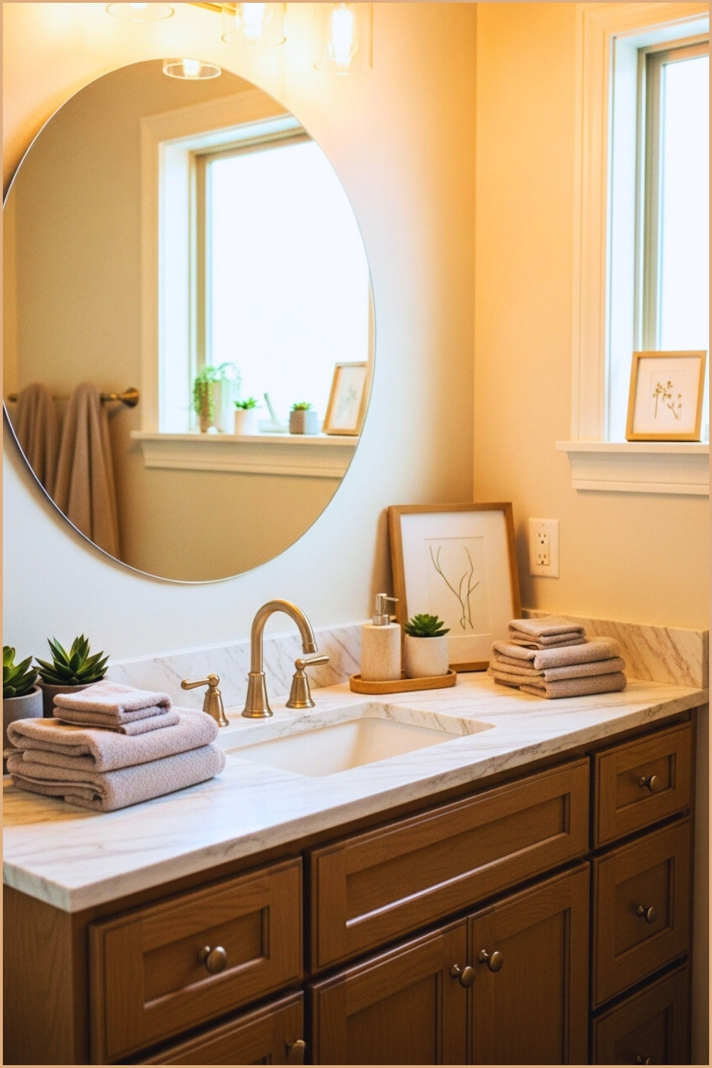 Warm Cozy Bathroom Vanity With Natural Wood Cabinets