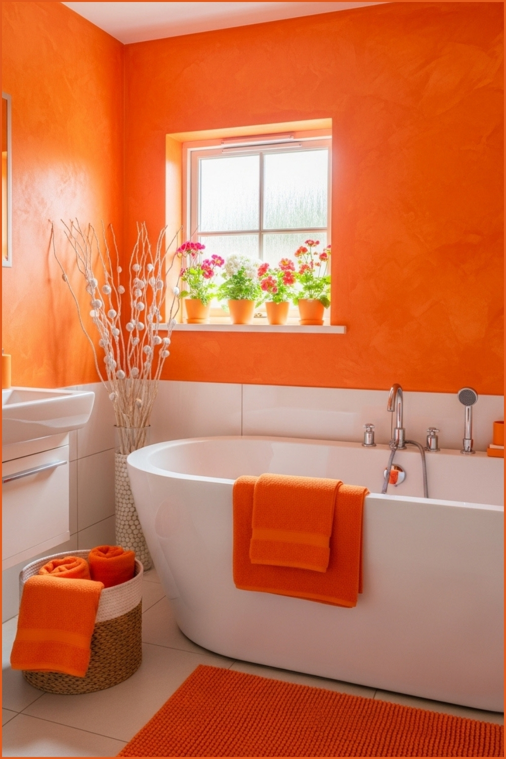 Warm Cozy Bathroom With Bold Textured Orange Walls White Freestanding