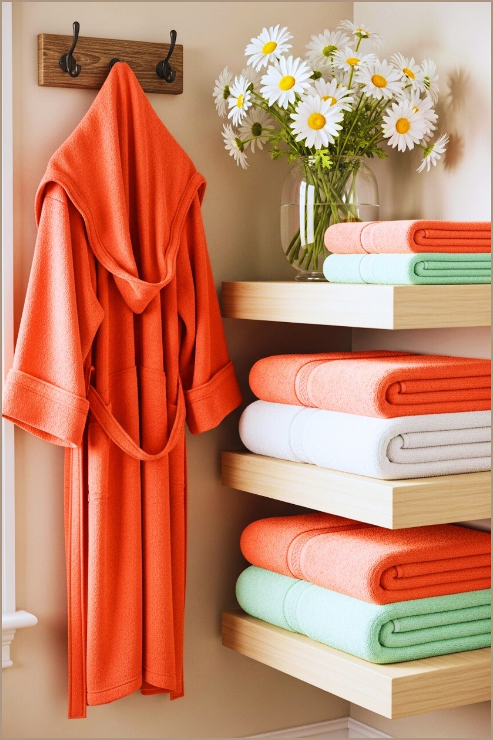 Warm Inviting Bathroom Scene With A Coral Colored Robe