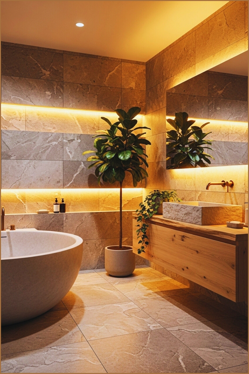 Warm Luxury Bathroom With Round Stone Bathtub
