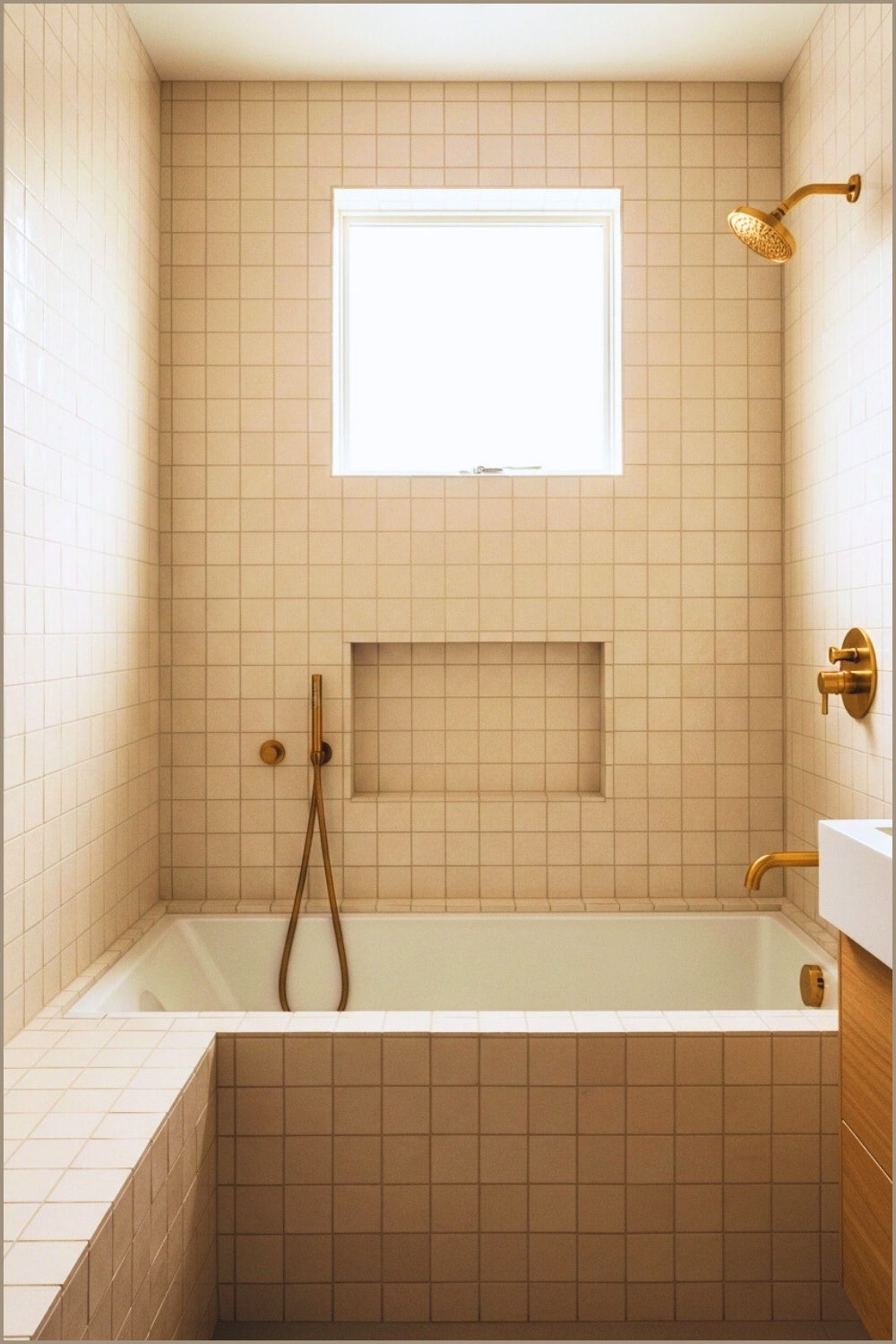 Warm Minimalist Bathroom, Cream Zellige Tiles, Built-in Bathtub