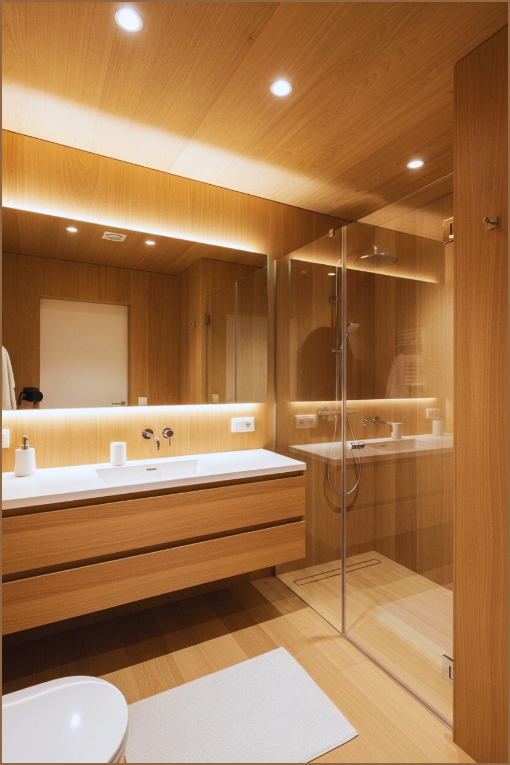 Warm Minimalist Bathroom Features Light Stained
