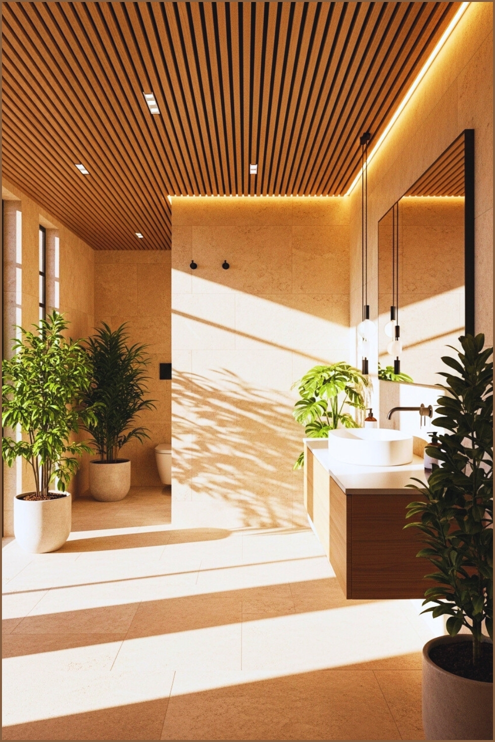 Warm Minimalist Luxury Bathroom With Beige Stone Walls