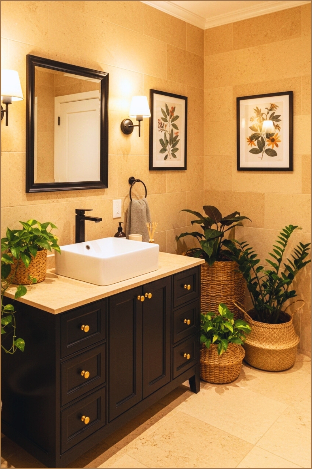 Warm Modern Bathroom With Beige Stone Walls