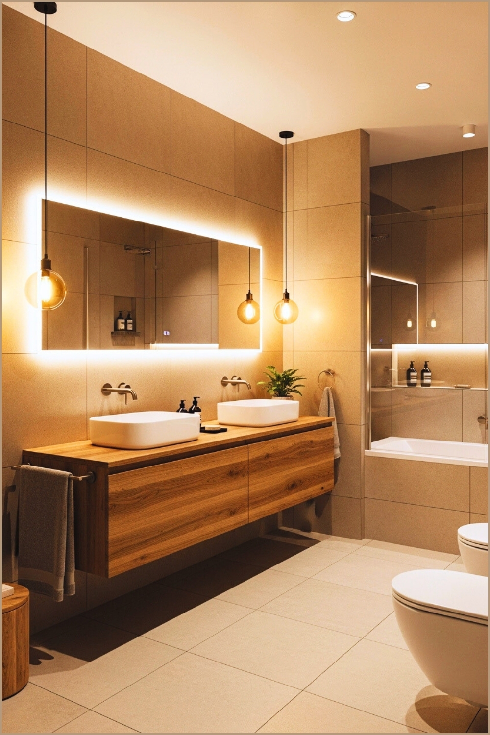Warm Modern Bathroom With Soft Beige Tiles
