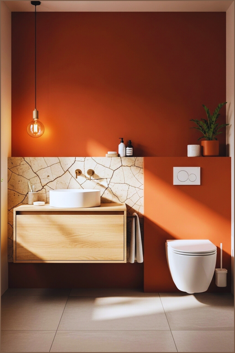 Warm Modern Bathroom With Terracotta Wall, Floating Vanity