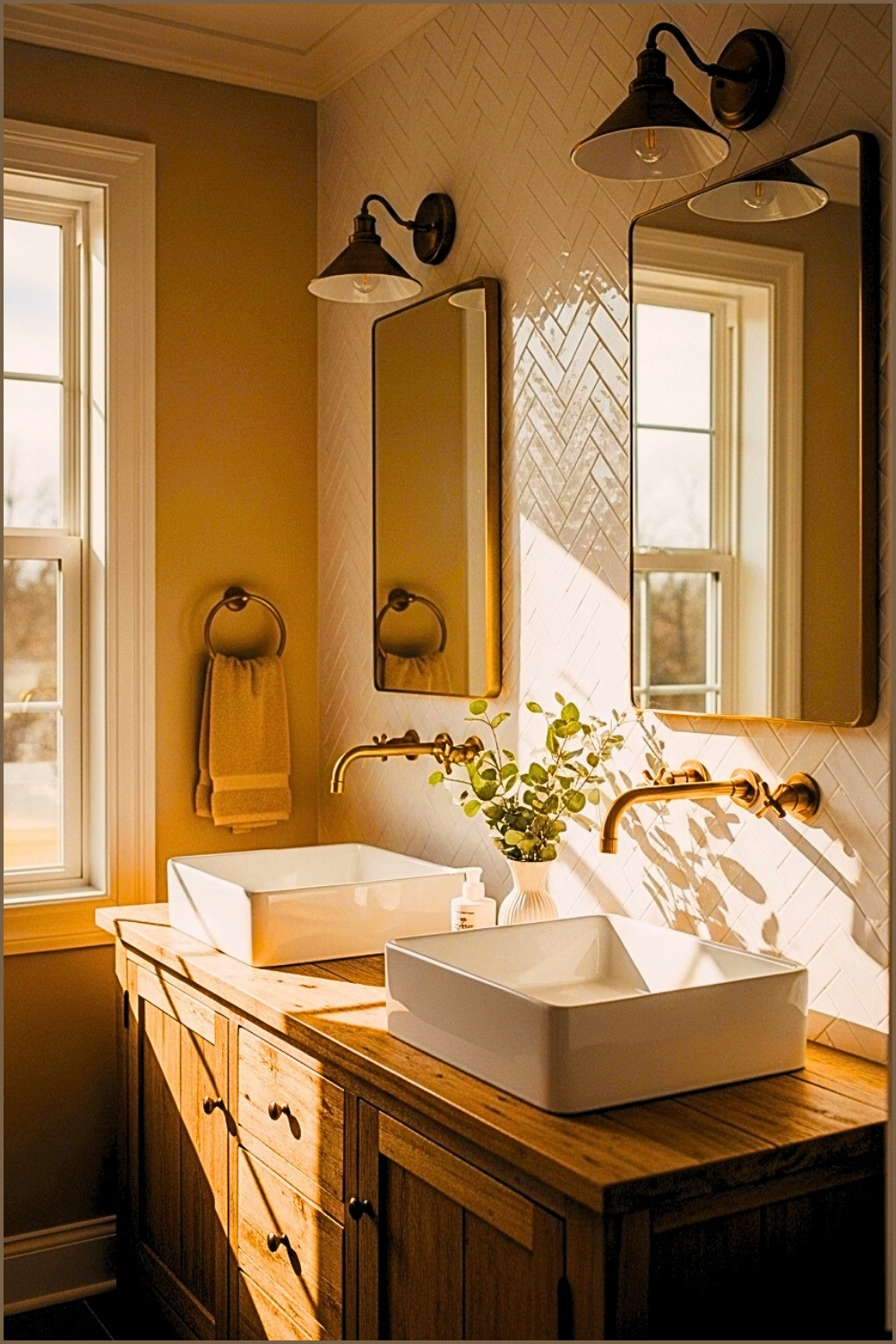 Warm Modern Farmhouse Bathroom Interior With Natural Sunlight