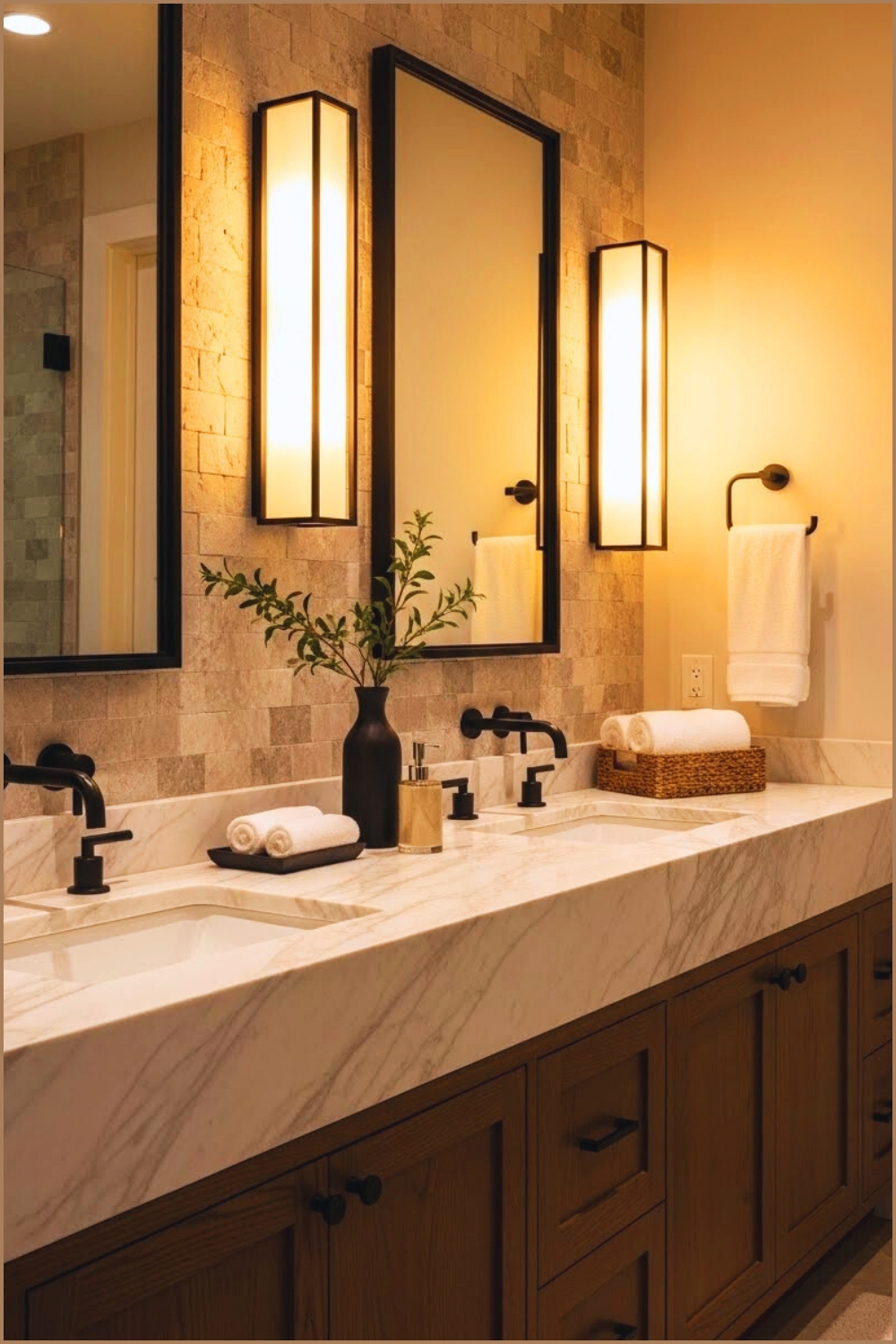 Warm Modern Luxury Bathroom With Dramatic Black Framed